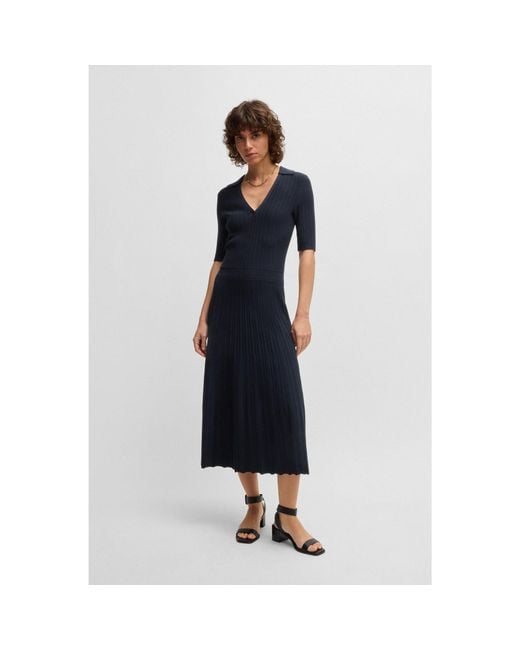 Boss Blue V-Neck Dress With Ribbed Structure