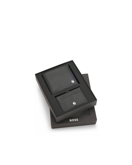 Boss Black Leather Wallet And Card Holder Set With Double B Monograms for men
