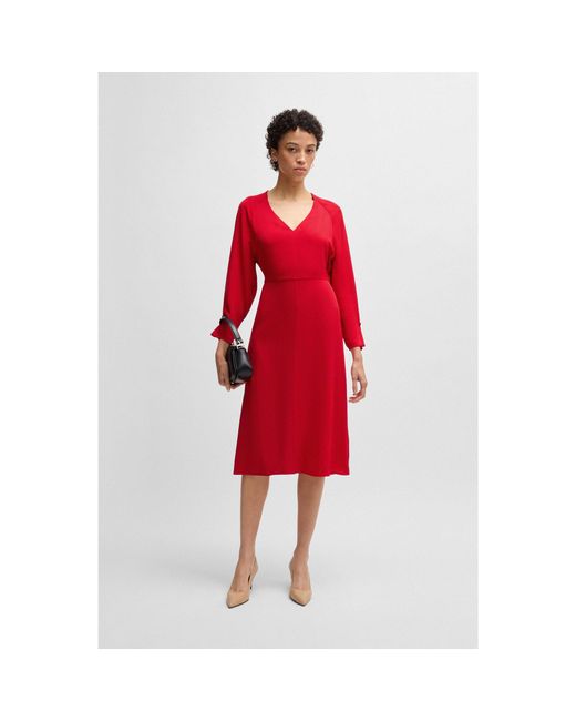 Boss Red V-Neck Dress With Button Cuffs