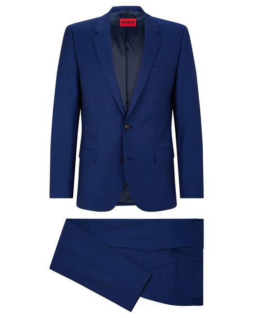 HUGO Blue Patterned Slim-fit Suit In A Performance-stretch Wool Blend for men