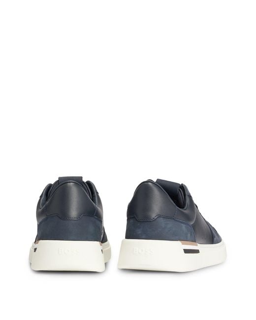 Boss Blue Cupsole Lace-up Trainers In Leather And Suede for men
