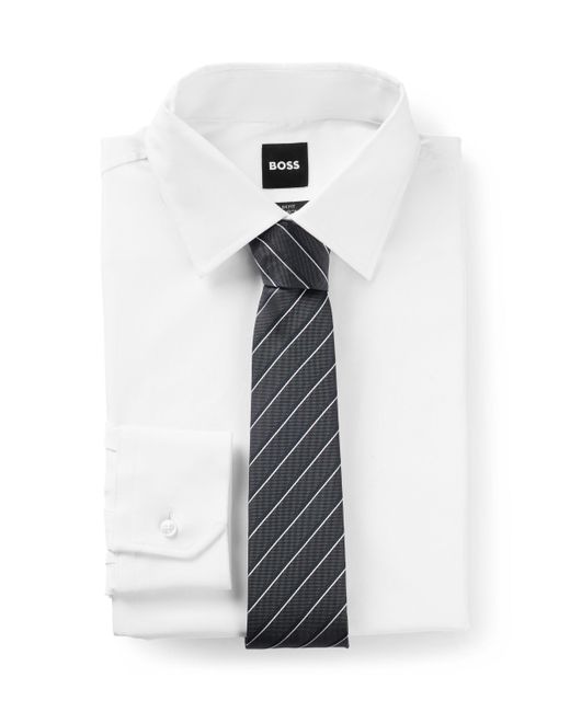 Cravate en jacquard mélangé à teneur en soie avec rayures Boss pour homme en coloris White