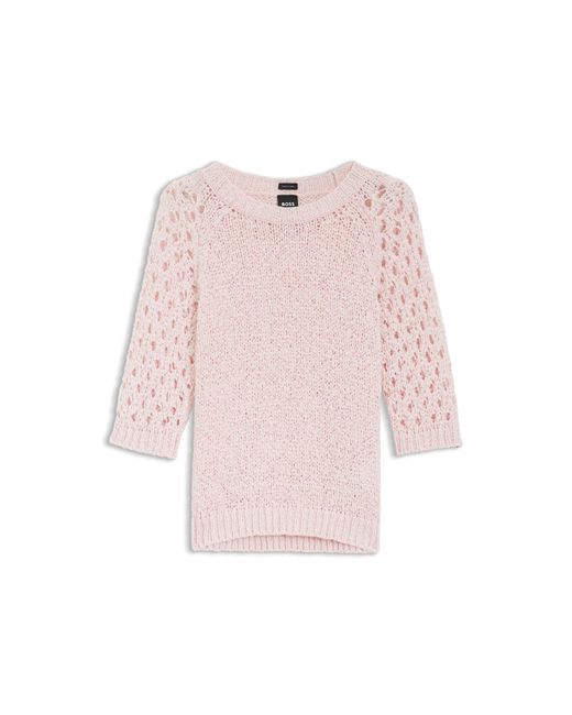 Boss Pink Cotton-Blend Sweater With Open-Knit Sleeves