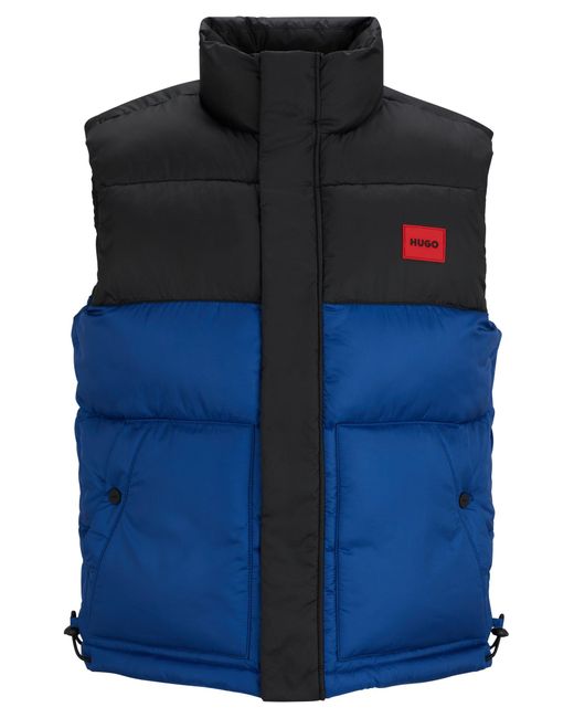 HUGO Blue Water-repellent Puffer Gilet With Red Logo Badge for men