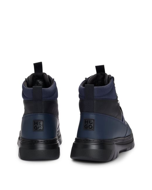 HUGO Black Leather Boots With Textile Trims And Hiking-style Laces for men