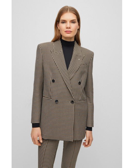 Boss Brown Double-breasted Relaxed-fit Jacket In Houndstooth Stretch Cloth