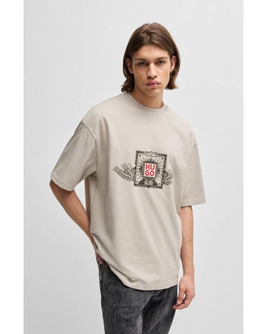 HUGO White Cotton-jersey T-shirt With Seasonal Artwork And Embroidery for men