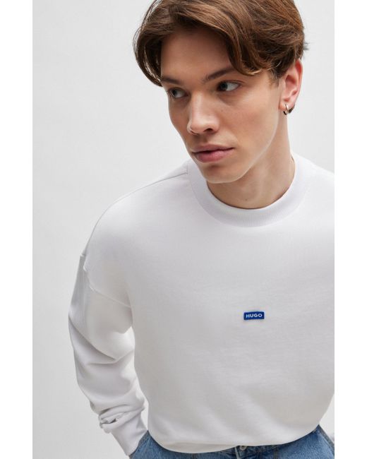 HUGO White Cotton-terry Sweatshirt With Blue Logo Label for men