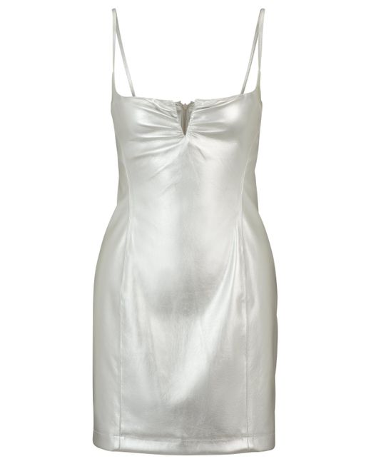HUGO White Metallic Faux-leather Mini Dress With Notch Neckline