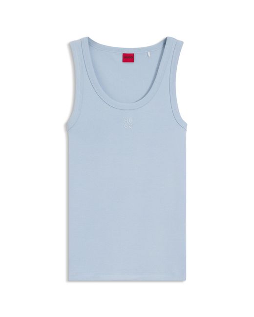HUGO Blue Cotton-Blend Tank Top With Stacked-Logo Embroidery