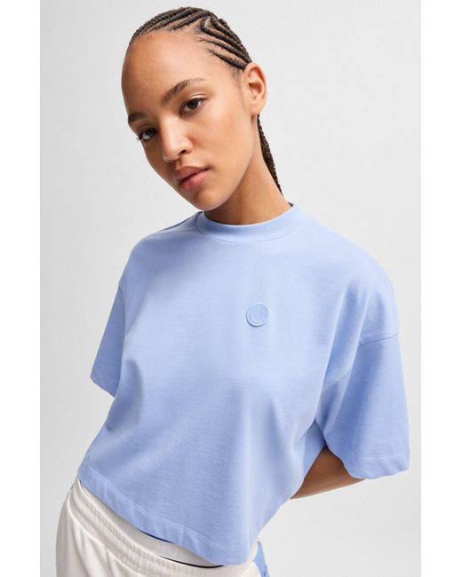 HUGO Blue Cropped T-shirt In Cotton Jersey With Logo Badge