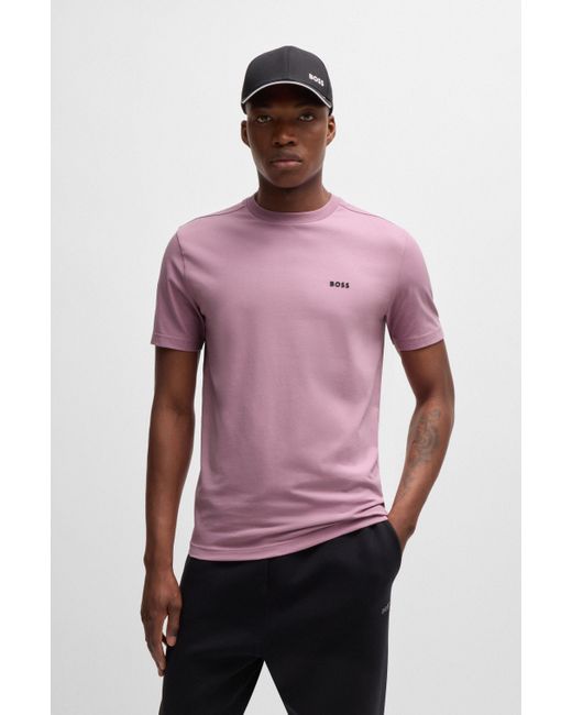 T-shirt Regular en coton stretch avec logo contrastant Boss pour homme en coloris Purple