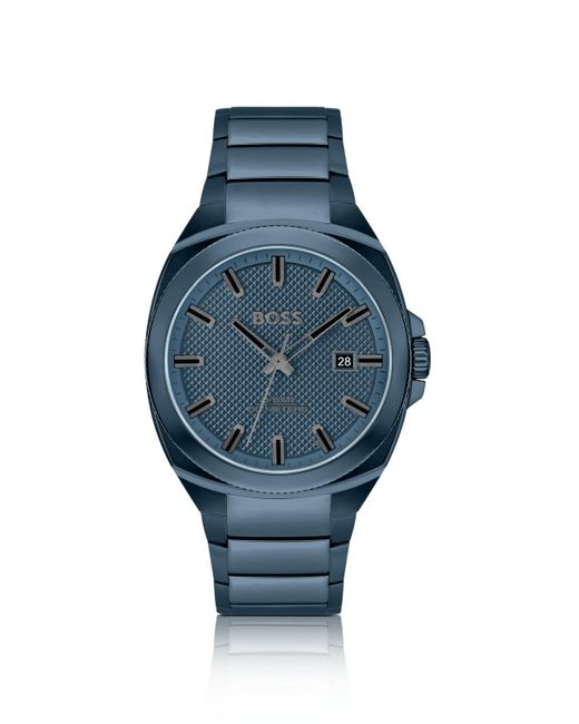 Boss Blaue Uhr mit Gliederarmband und tonalem Guilloche-Zifferblatt in Blue für Herren