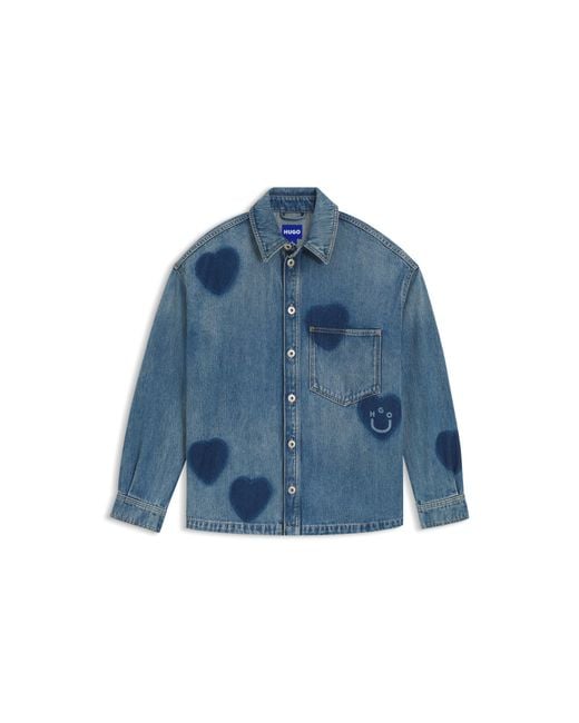 HUGO Blue Rigid-Denim Shirt With Printed Hearts