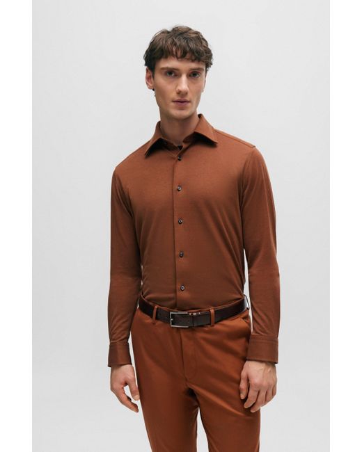 Boss Regular-fit Jersey Overhemd Van Een Katoenmix in het Brown voor heren