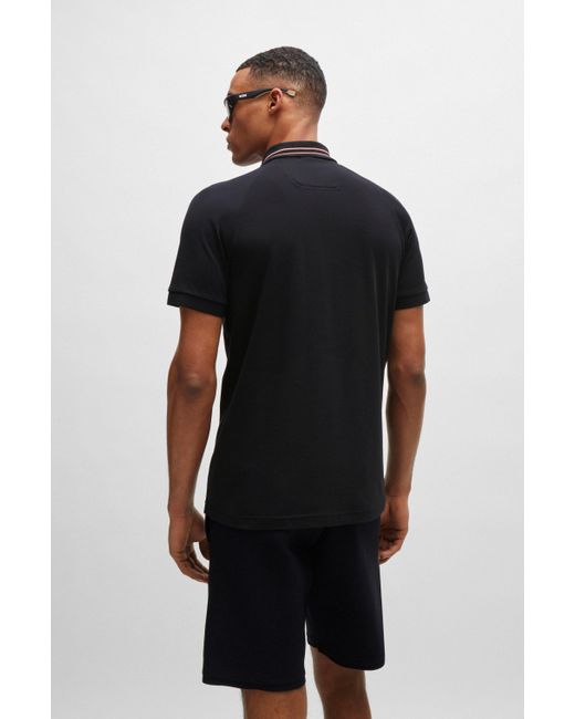 Boss Black Stretch-cotton Polo Shirt With Stripes And Logo for men