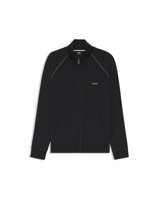 Boss Blue Stretch-Cotton Zip-Up Jacket With Embroidered Logo for men