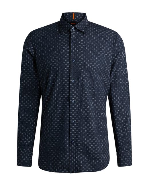 Boss Blue Regular-fit Shirt In Printed Cotton Poplin for men