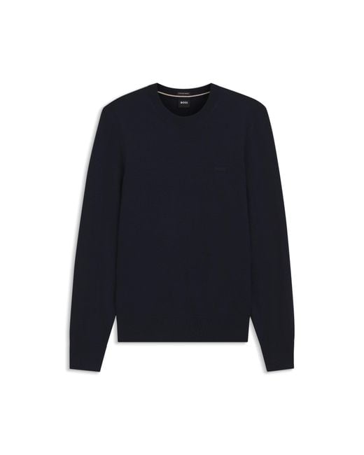 Boss Blue Merino-Wool Sweater With Logo Embroidery for men