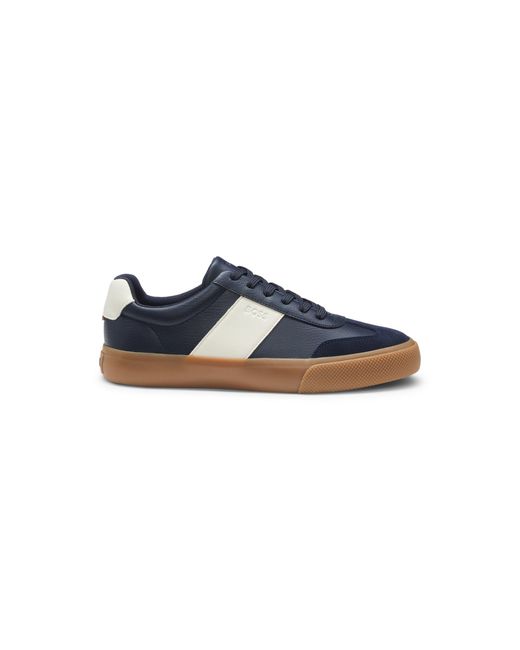 Boss Blue Grained Faux-Leather Trainers With Genuine Leather Trims for men