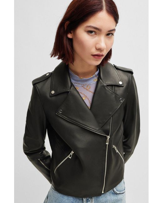 HUGO Black Regular-fit Biker Jacket In Leather With Asymmetrical Zip