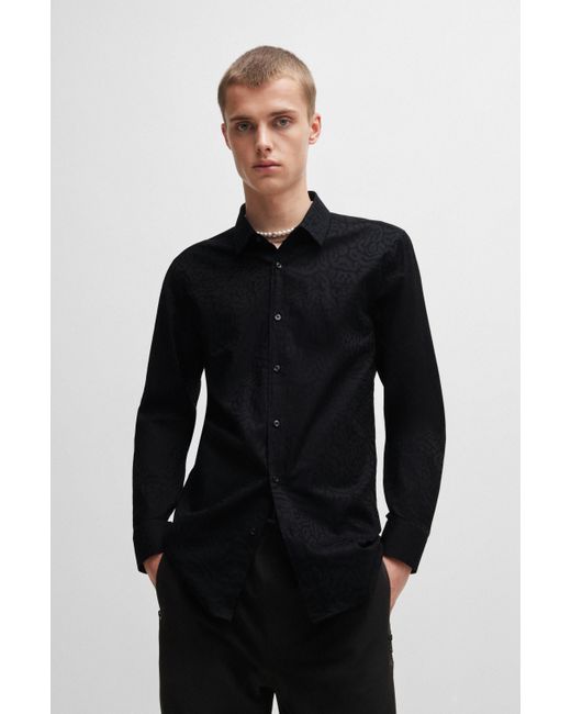 HUGO Extra Slim-Fit Hemd aus Baumwoll-Jacquard mit Animal-Muster in Black für Herren