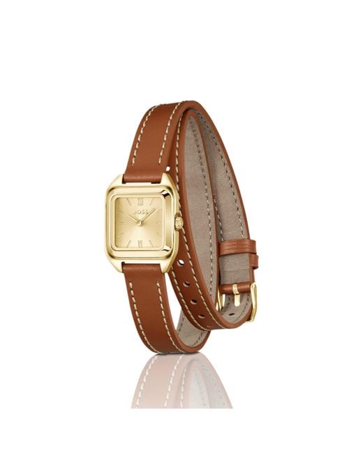 Boss Metallic Mae Petite Golden Watch With Double-Wrap Leather Strap