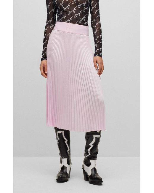 HUGO Pink Plissé Pleated Midi Skirt With Stacked-logo Waistband