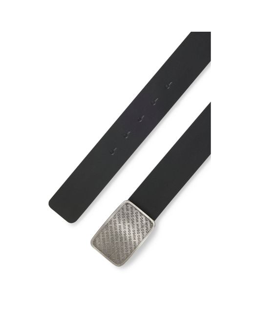 HUGO Black Leather Belt With Repeat-Logo Plaque Buckle for men