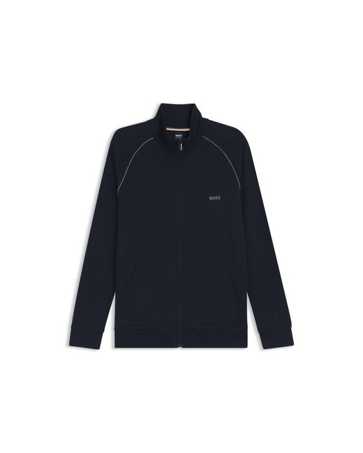 Boss Blue Stretch-Cotton Zip-Up Jacket With Embroidered Logo for men
