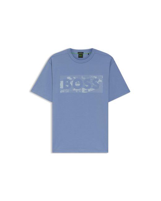 Boss Blue Stretch-Cotton T-Shirt With Logo Artwork for men