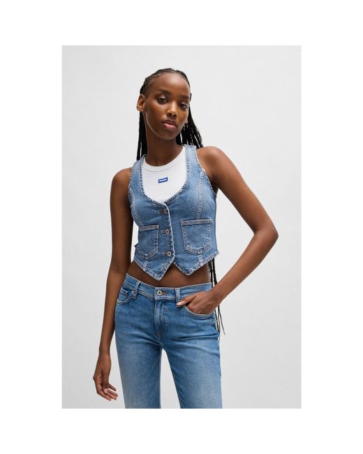 HUGO Blue Sleeveless Denim Top With Buttoned Front