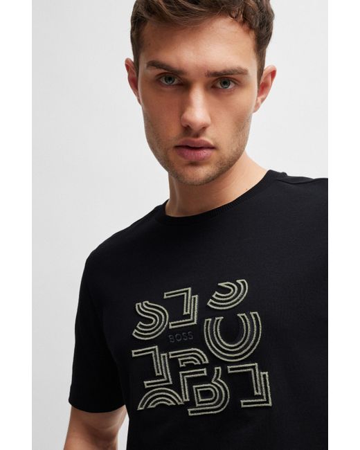 Boss Regular-fit T-shirt Van Katoenen Jersey Met Typografische Print in het Black voor heren
