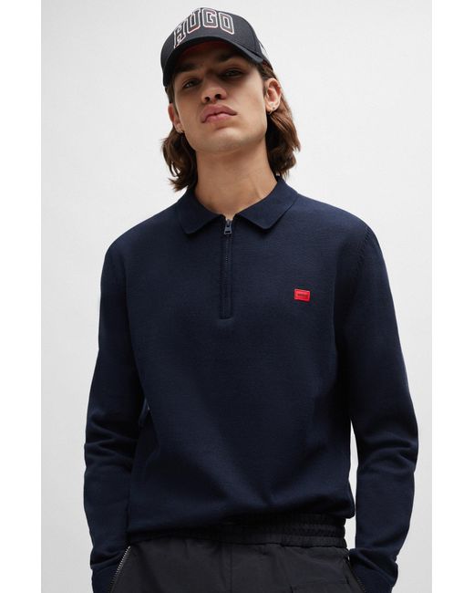 HUGO Blue Zip-neck Cotton Sweater With Red Logo Label for men