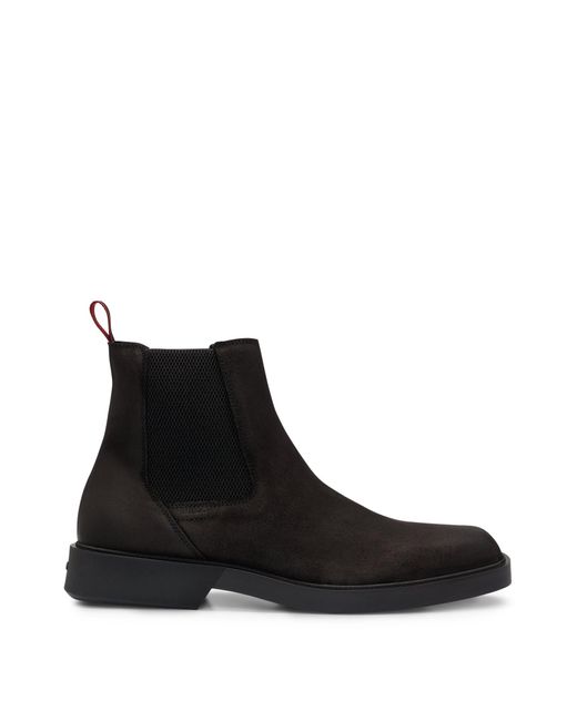 HUGO Black Square-toe Chelsea Boots In Suede With Signature Details for men