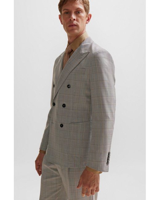 Boss Gray Double-breasted Slim-fit Suit In Checked Virgin Wool for men