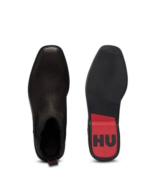 HUGO Black Square-toe Chelsea Boots In Suede With Signature Details for men