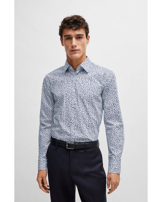 Boss Slim-Fit Hemd aus elastischer Baumwoll-Popeline mit Blumen-Print in Blue für Herren