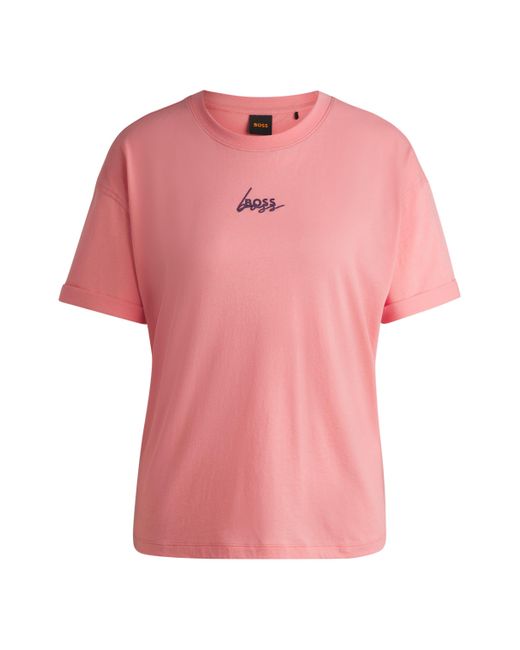 Boss Pink T-Shirt aus Baumwoll-Jersey mit Signature-Print