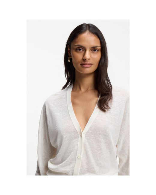 Boss White Linen-Cotton Cardigan With Buttoned Front