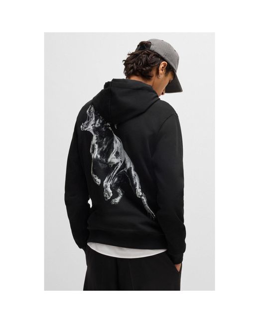 HUGO Black Cotton-Terry Hoodie With Animal Graphic Prints for men