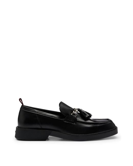 HUGO Black Leather Slip-on Moccasins With Tassel And Chain for men