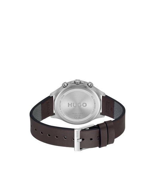 HUGO Gray Tone Watch With Leather Strap for men