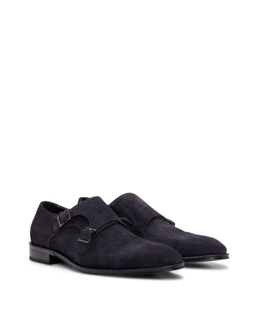 Boss Black Suede Shoes With Double-monk Strap And Cap Toe for men