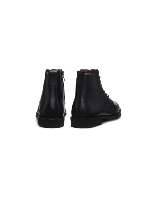HUGO Black Lace-Up Leather Boots With Side Zip for men