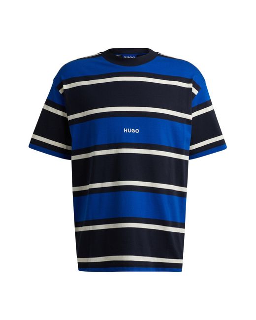 HUGO Blue Striped T-shirt In Cotton Jersey With Embroidered Logo for men