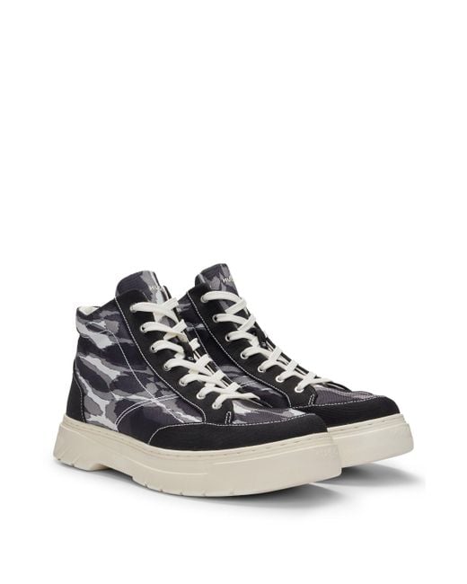 HUGO Black Camouflage-print High-top Trainers With Stacked Logo for men