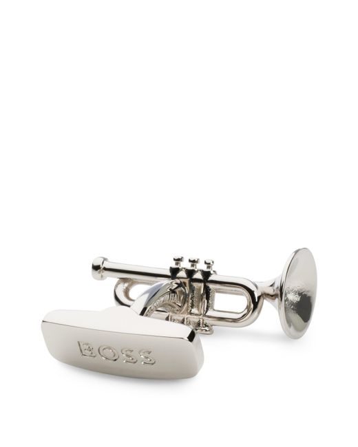Boutons de manchette confectionnés en Italie avec tête en forme de trompette et fermoir logoté Boss pour homme en coloris White