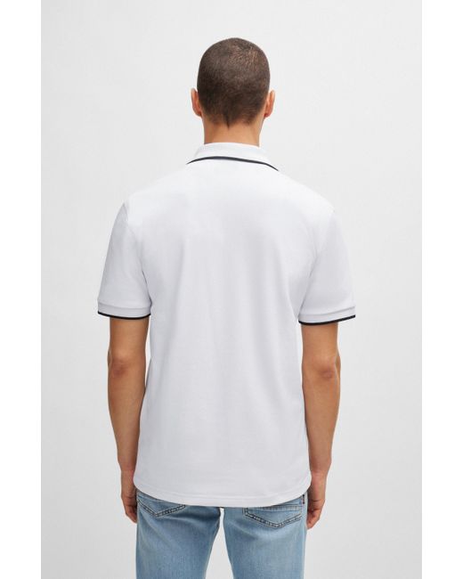 Boss White Slim-fit Polo Shirt In Washed Stretch-cotton Piqué for men