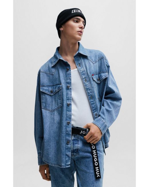 HUGO Blue Oversized-fit Denim Shirt With Flap Chest Pockets for men